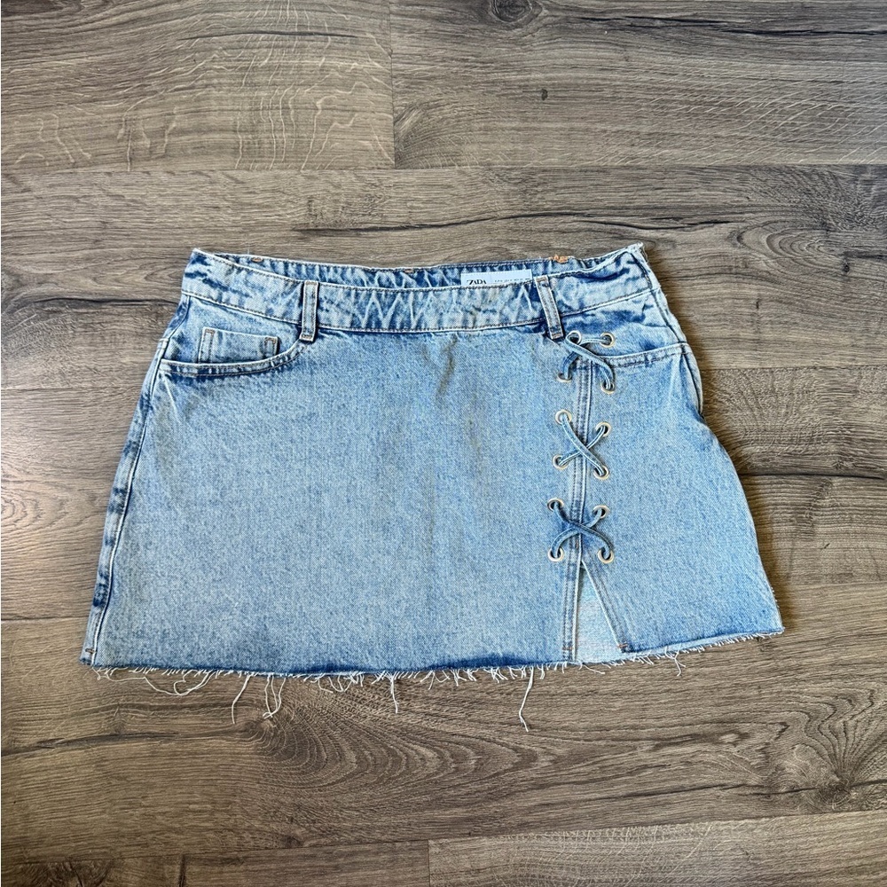 Zara Light Blue Denim Mini Skirt with Side Lace-Up - Picture 1 of 6